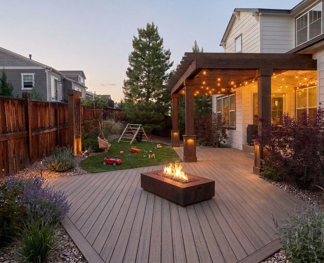 Backyard composite deck with fire pit, pergola, and string lights at dusk