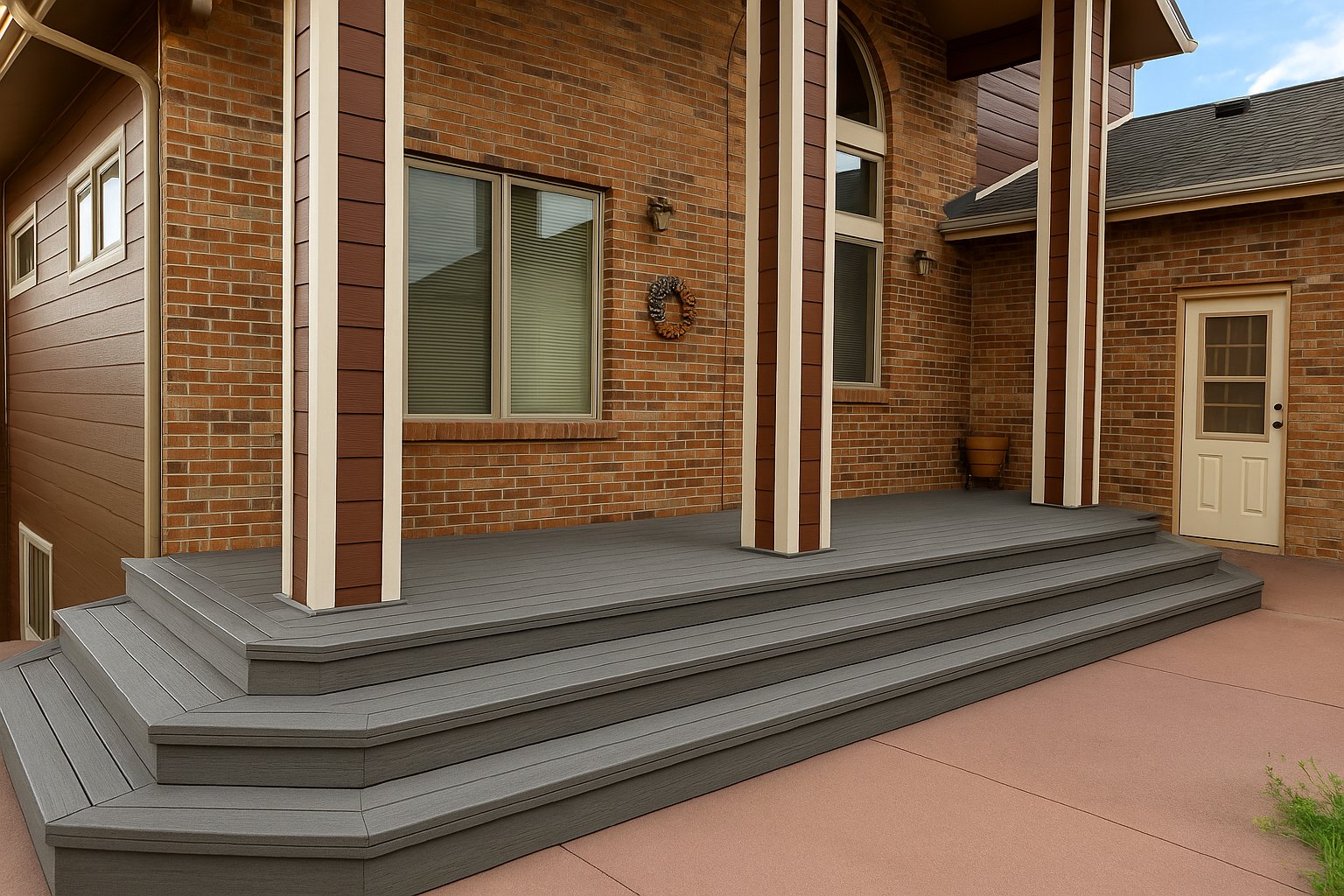 Completed grey composite deck with tiered wrap-around steps